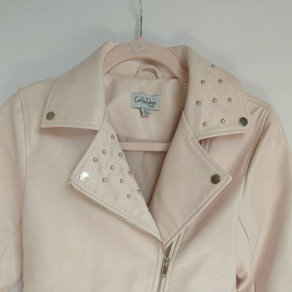 Coffe Shop Kid's Light Pink Faux Leather Silver Stud Moto Biker Jacket - XL Kids - Picture 1 of 15
